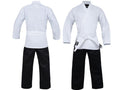 A martial arts uniform shown from both front and back views. The gi consists of a white long-sleeve wrap jacket with a white belt and black pants.