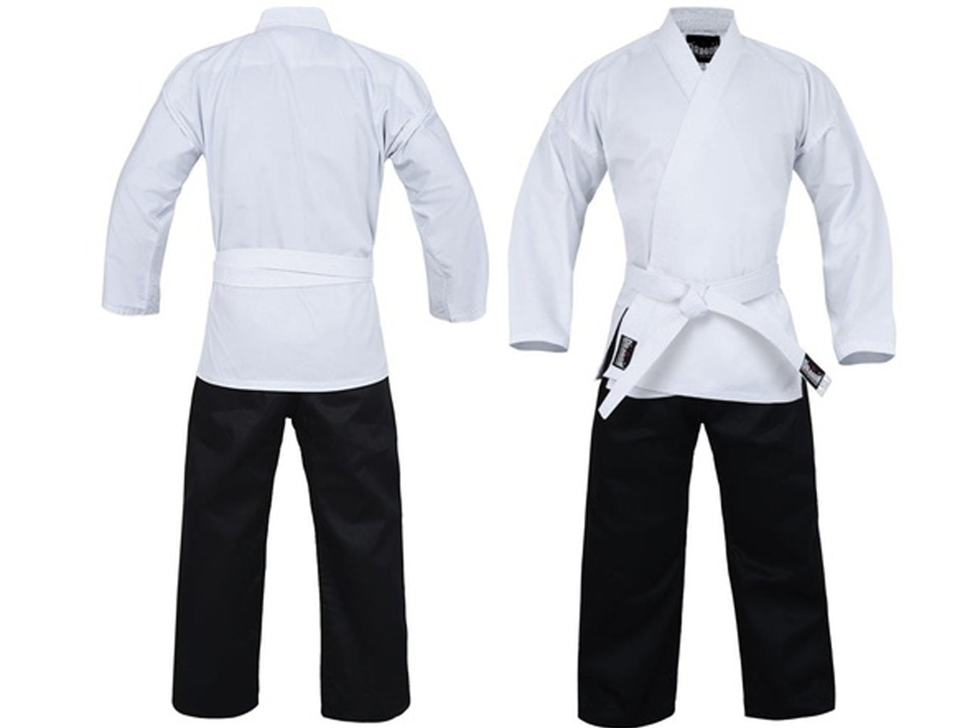 A martial arts uniform shown from both front and back views. The gi consists of a white long-sleeve wrap jacket with a white belt and black pants.
