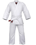A white martial arts uniform consisting of a long-sleeve jacket and matching pants, tied with a white belt, shown on a plain white background.