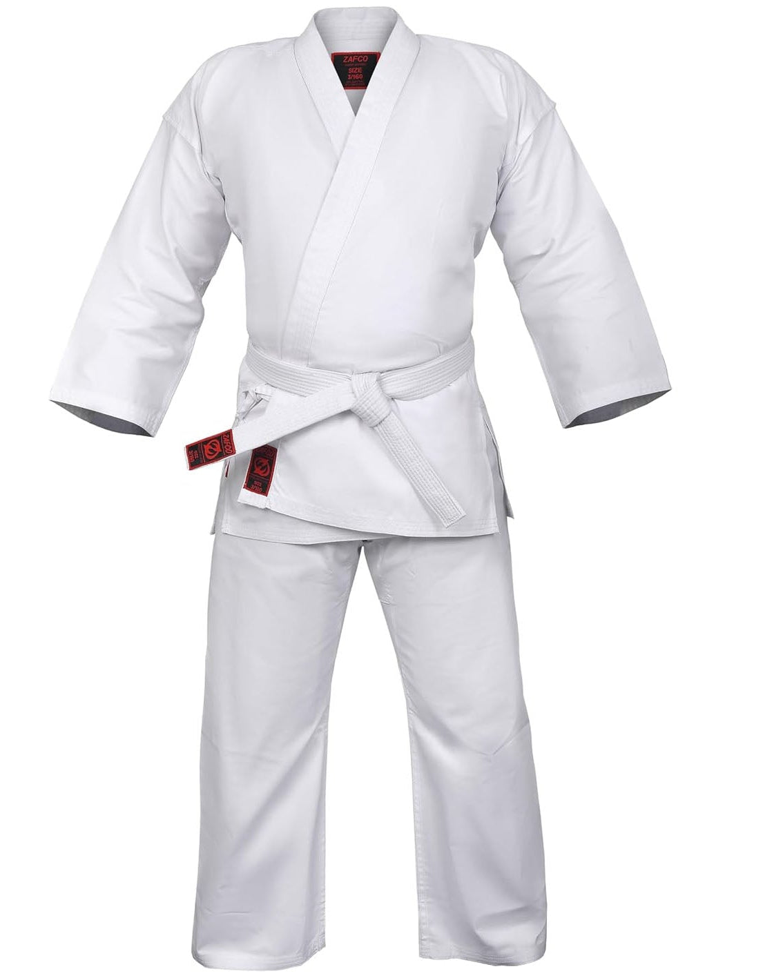 A white martial arts uniform consisting of a long-sleeve jacket and matching pants, tied with a white belt, shown on a plain white background.