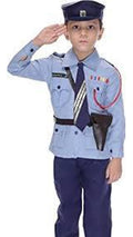 Child wearing a police costume saluting on a white background