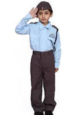 Child wearing a formal uniform with a white shirt and brown pants, saluting on a white background.