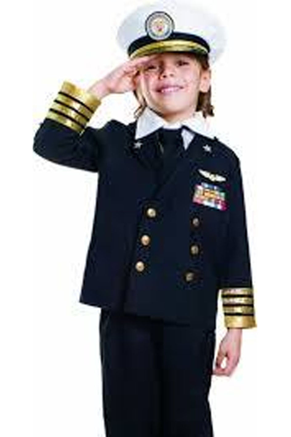 Child wearing a navy blue captain's uniform with a white hat on a white background