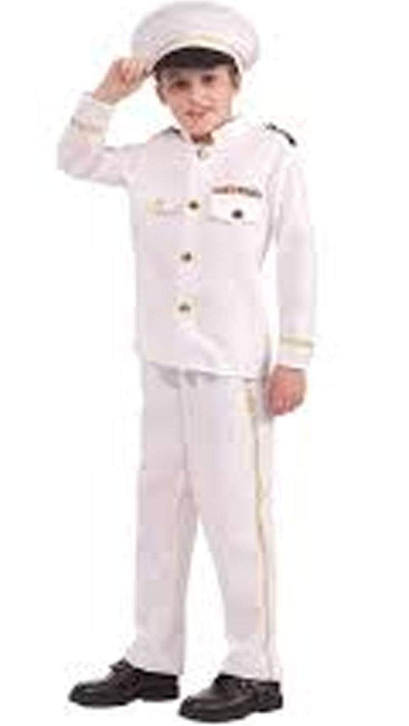 Child wearing a white captain's outfit with a hat on a white background