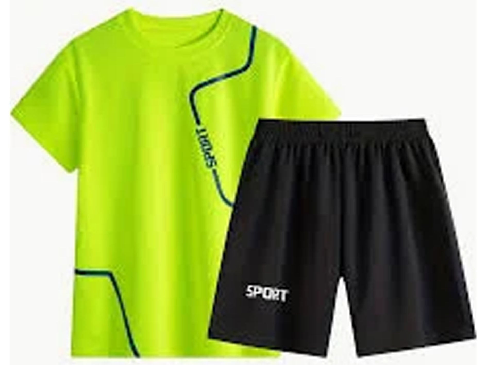 Yellow t-shirt and black shorts set with 'SPORT' branding on a white background