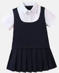 Black pleated dress over a white shirt on a white background