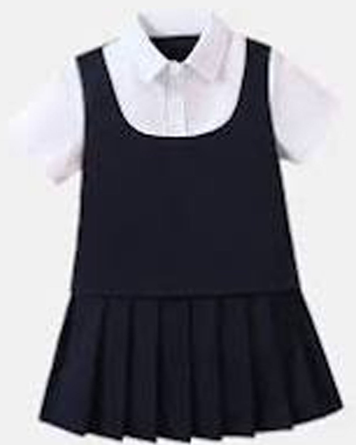 Black pleated dress over a white shirt on a white background