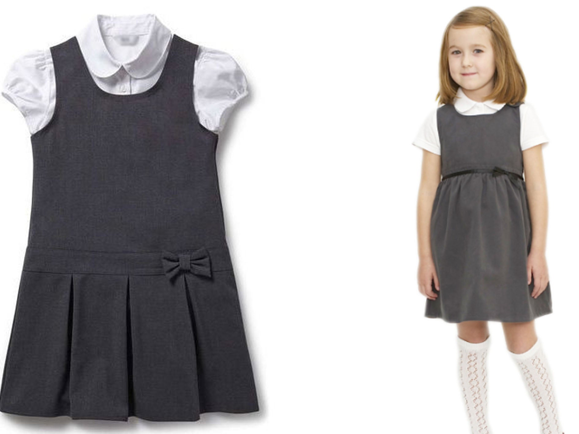 Gray dress with white collar and bow on a white background