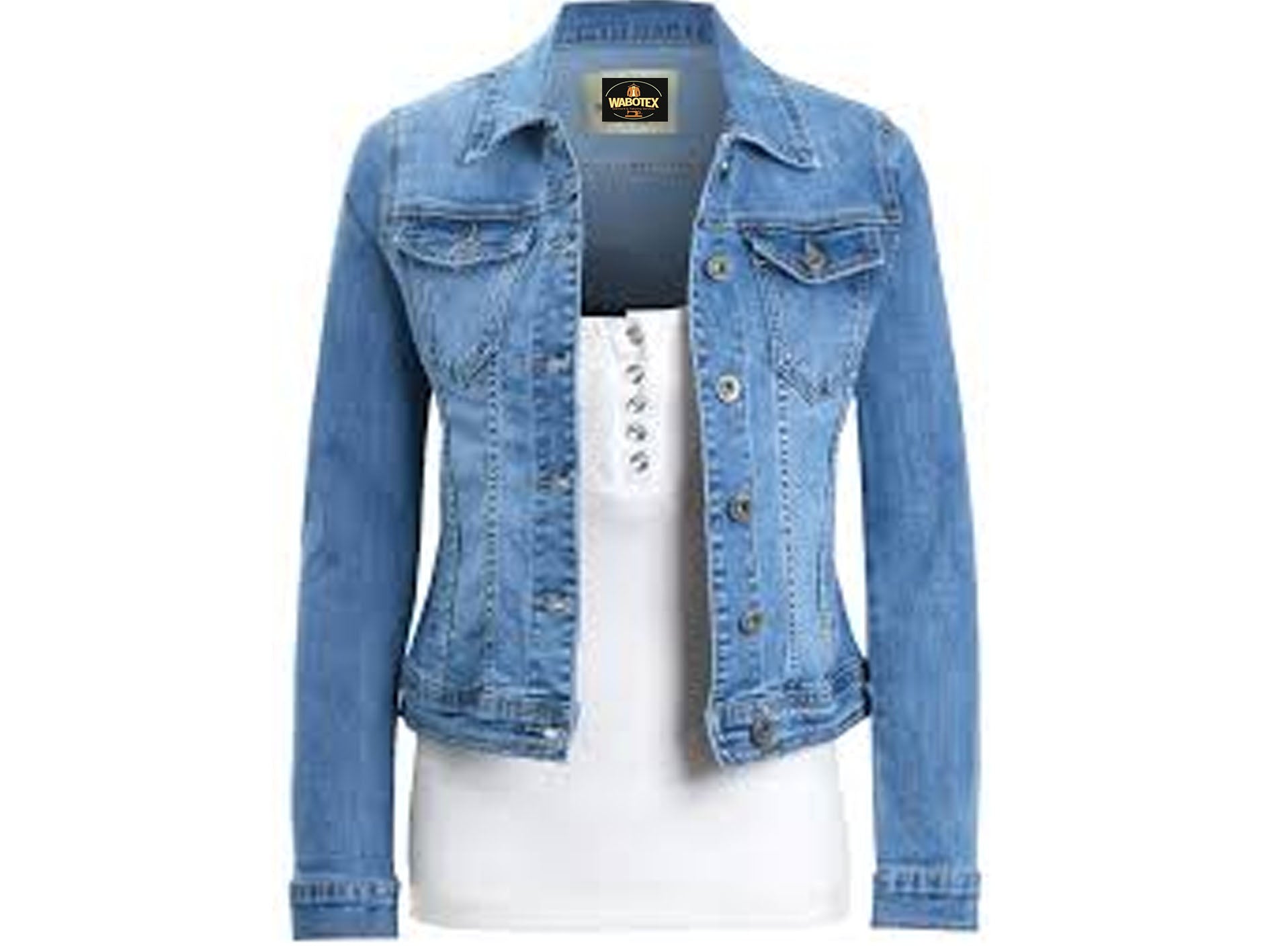 Blue denim jacket on a white background