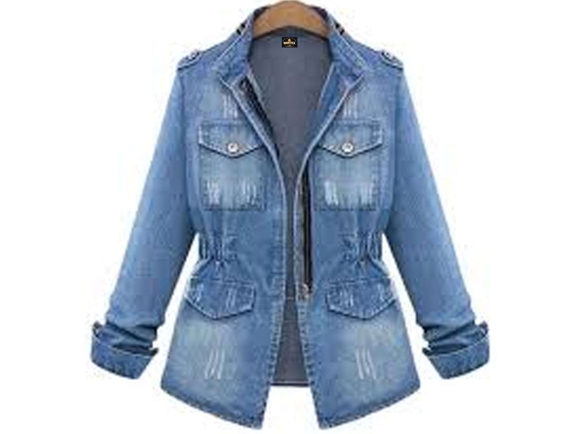 Blue denim jacket on a white background