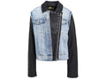 Denim jacket with black sleeves and collar on a white background