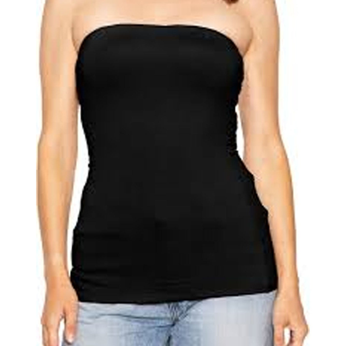 Black strapless top worn by a person on a white background