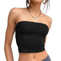 Black strapless top worn by a person on a white background