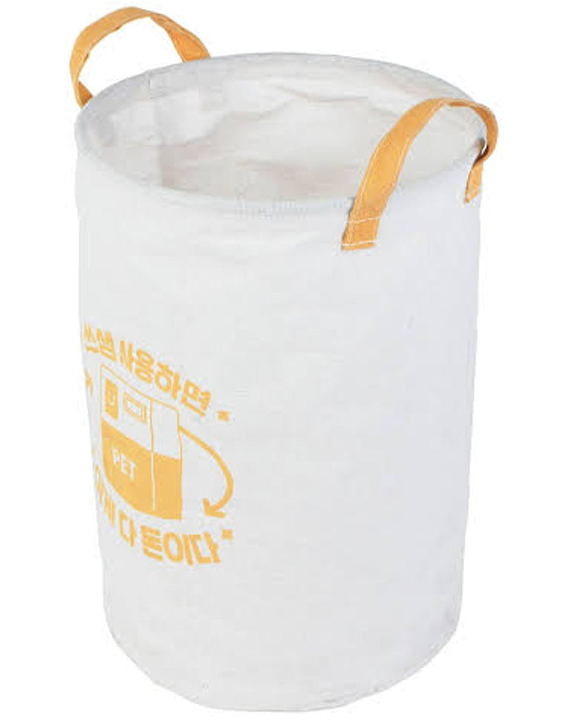A white fabric pet waste bag with two tan handles and yellow printed Korean instructions on the front, shown against a plain white background.