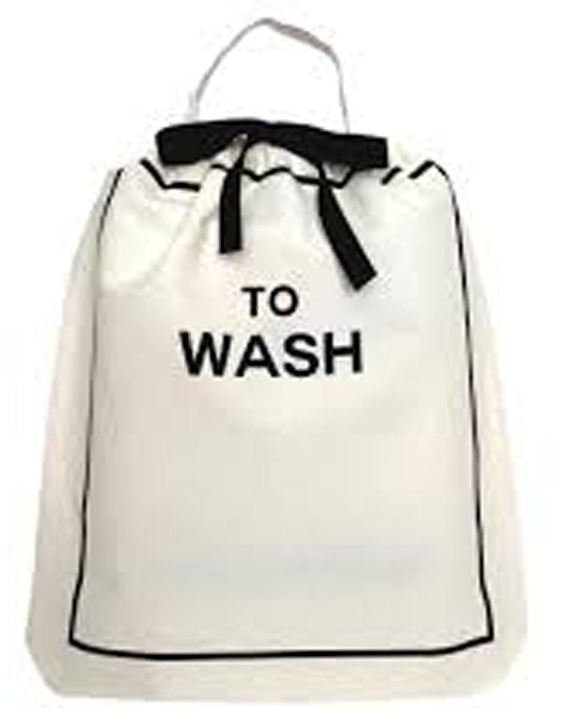A white mesh laundry bag with black trim, a black top handle, and the words 'TO WASH' printed in black on the front, shown against a plain white background.