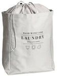 A light gray drawstring laundry bag with black printed text reading 'WASH WITH CARE LAUNDRY' and care icons, shown on a plain white background.