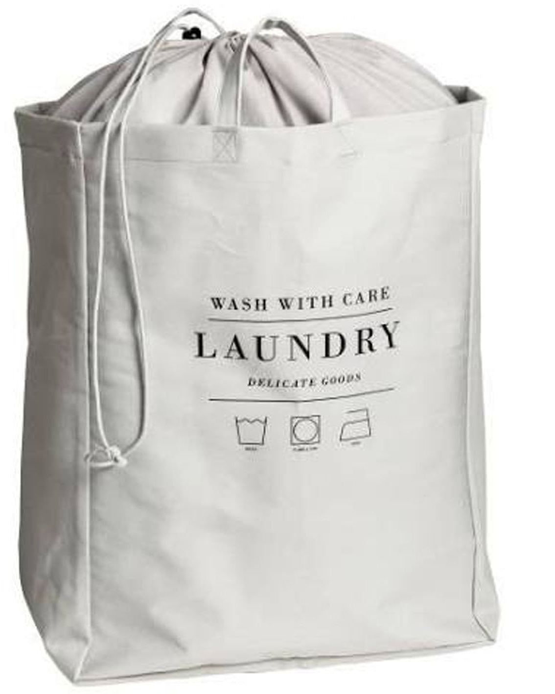 A light gray drawstring laundry bag with black printed text reading 'WASH WITH CARE LAUNDRY' and care icons, shown on a plain white background.
