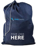 A navy blue drawstring laundry bag with white cords, featuring placeholder text 'YOUR LOGO HERE' and a visible 'Handy Laundry' logo on the front, set against a plain white background.