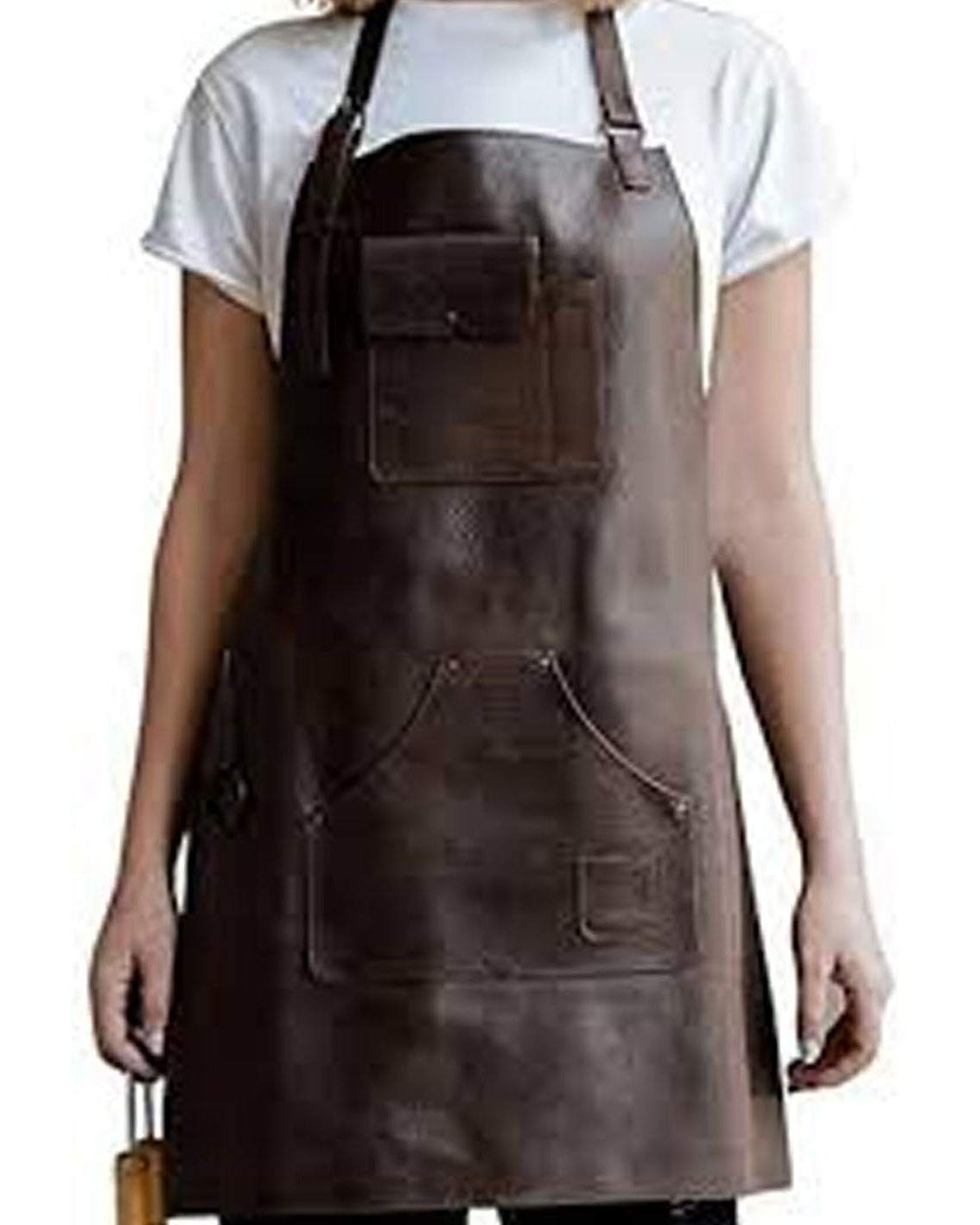 Brown leather apron worn by a person on a white background