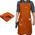 Person wearing an orange apron with tools, holding a drill, on a white background