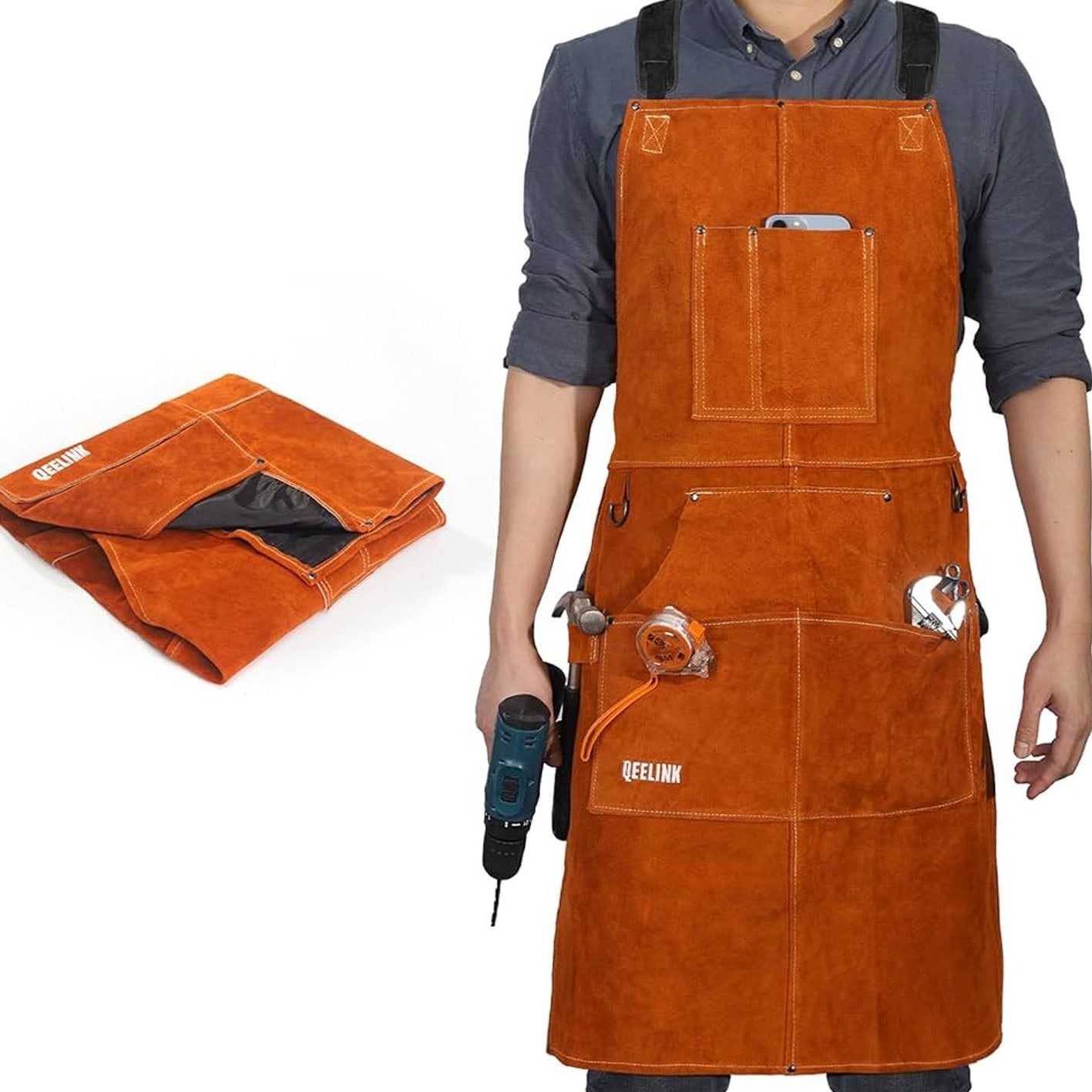 Person wearing an orange apron with tools, holding a drill, on a white background