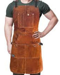 Person wearing a brown leather apron on a white background