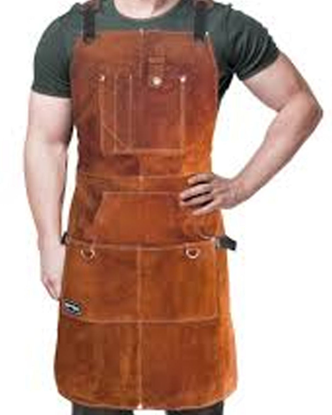 Person wearing a brown leather apron on a white background