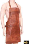 Brown leather apron on a mannequin with Wadotex logo.