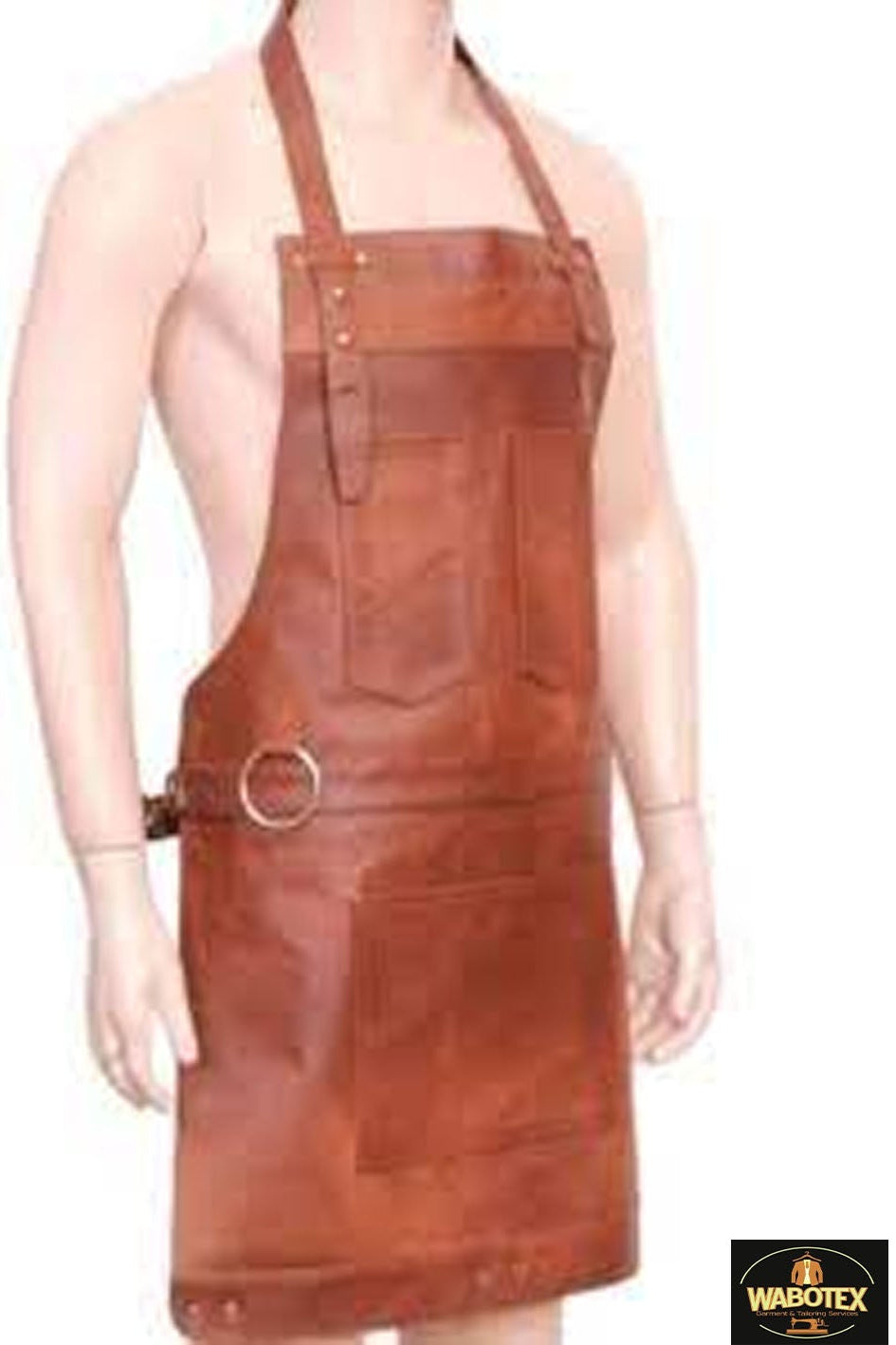 Brown leather apron on a mannequin with Wadotex logo.