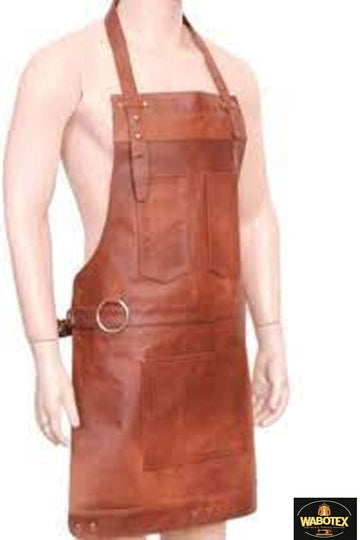 Brown leather apron on a mannequin with Wadotex logo.