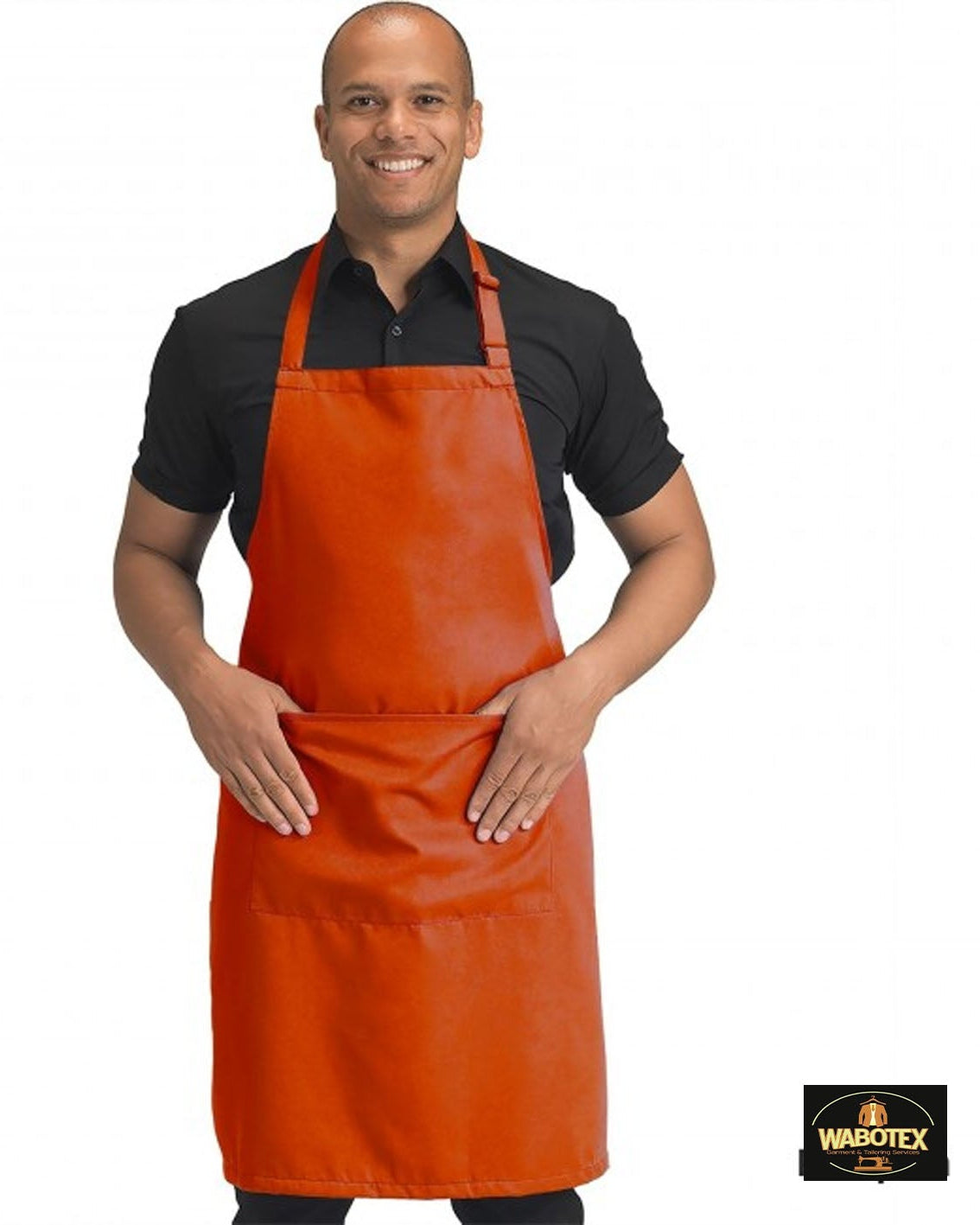 Man wearing an orange apron with a visible brand logo on a white background