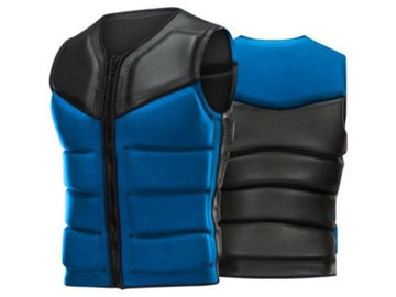 Blue and black puffer vest on a white background