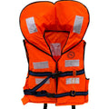 Orange life jacket with black straps on a white background