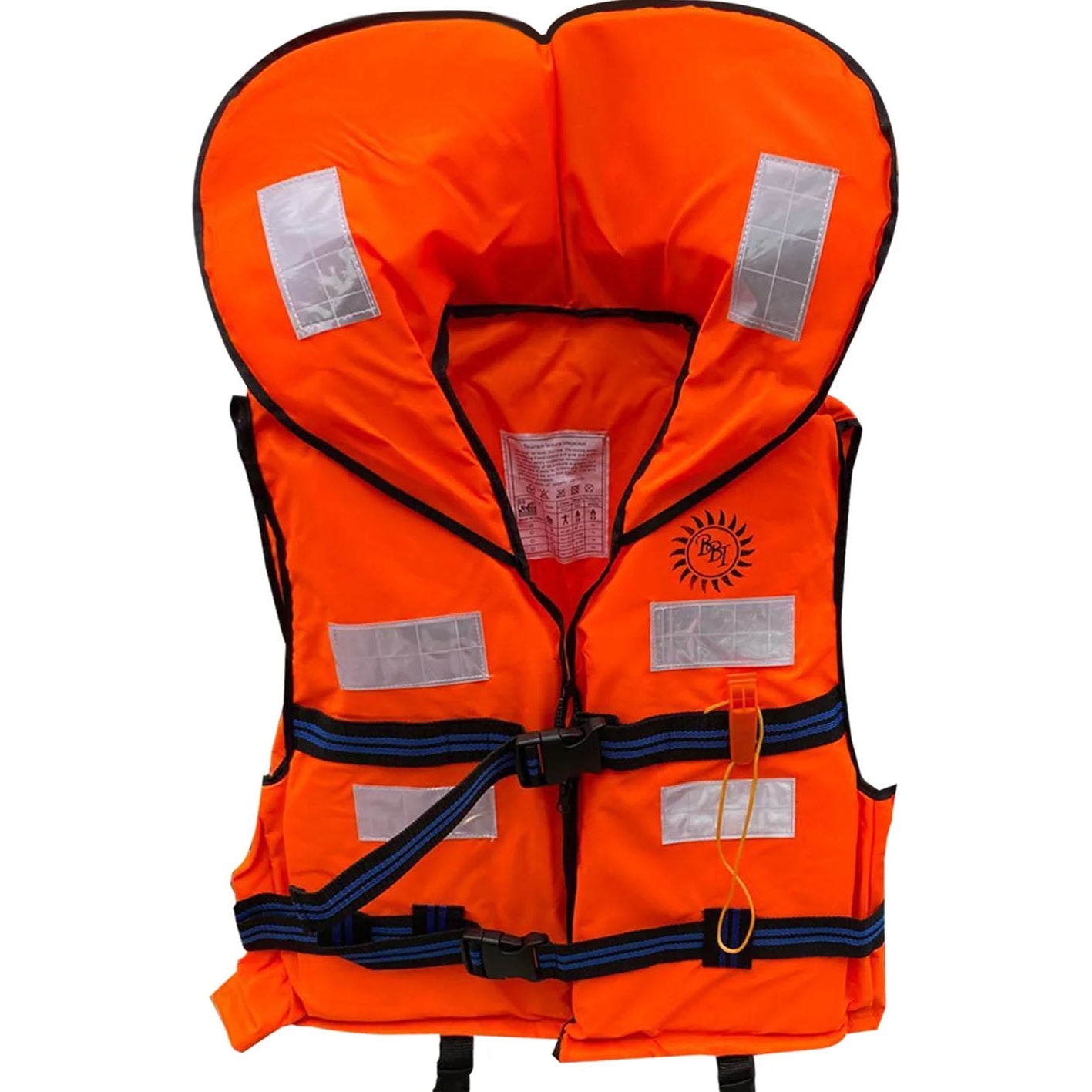 Orange life jacket with black straps on a white background