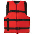Red life jacket with black straps on a white background