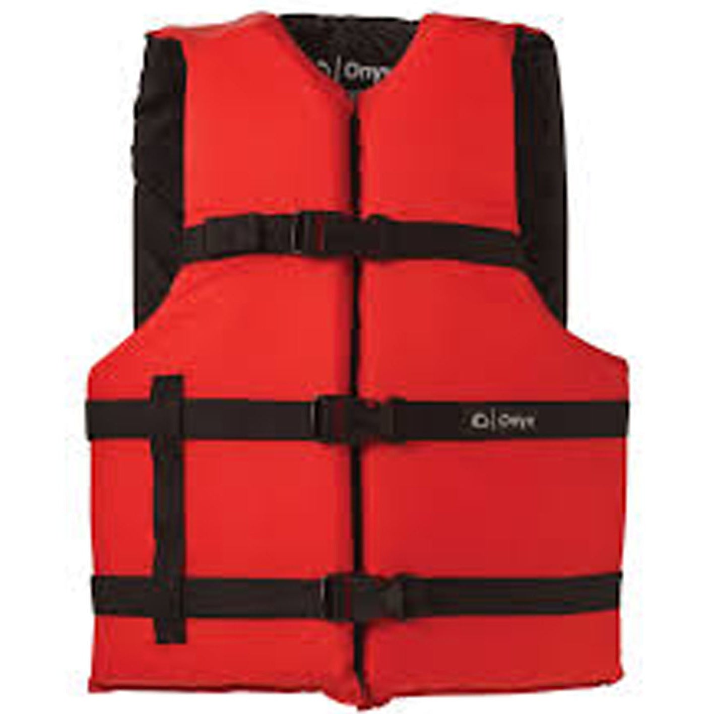 Red life jacket with black straps on a white background