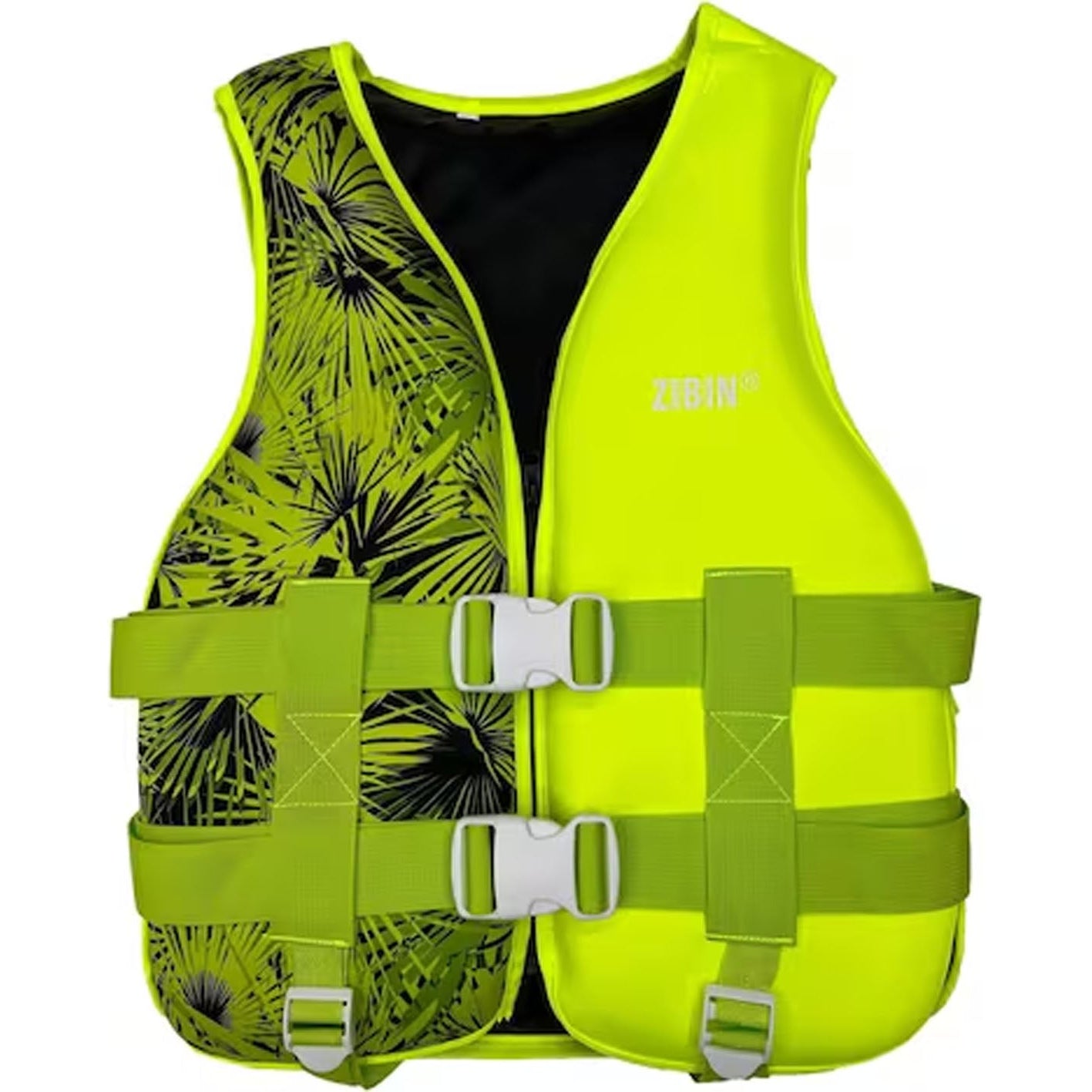 Fluorescent green life vest with black floral pattern on a white background