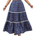 Navy blue floral skirt with white lace trim on a white background