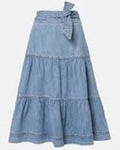 Denim skirt with a tie detail on a white background