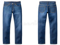 Pair of blue jeans shown from front and back on a white background