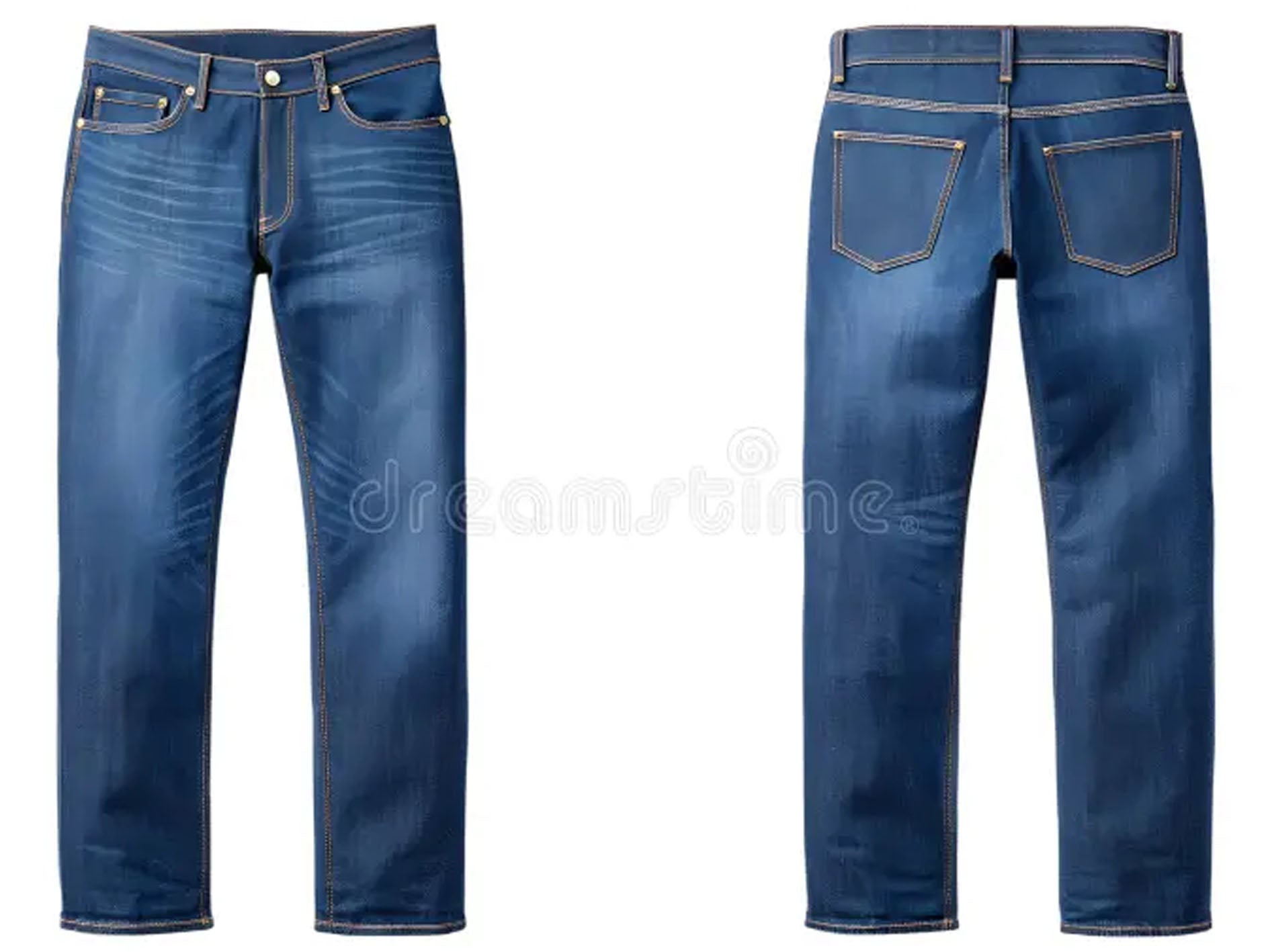 Pair of blue jeans shown from front and back on a white background