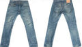 Pair of blue jeans displayed from front and back on a white background