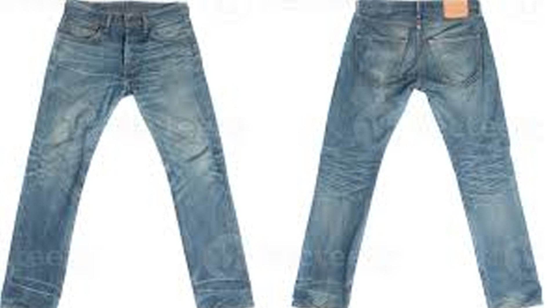 Pair of blue jeans displayed from front and back on a white background