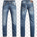 Pair of blue jeans shown from front and back on a transparent background