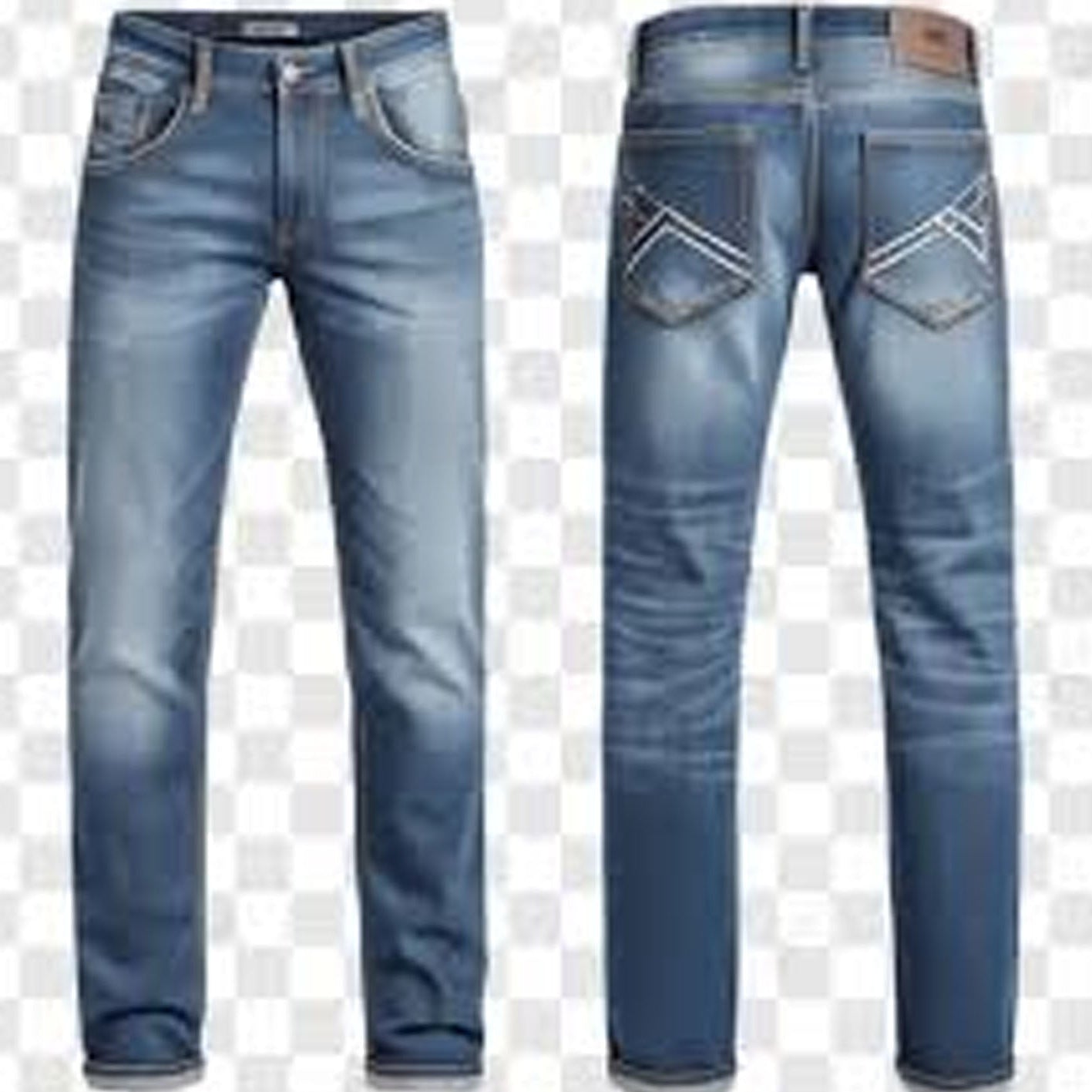 Pair of blue jeans shown from front and back on a transparent background