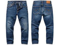 Pair of blue jeans shown from front and back on a white background
