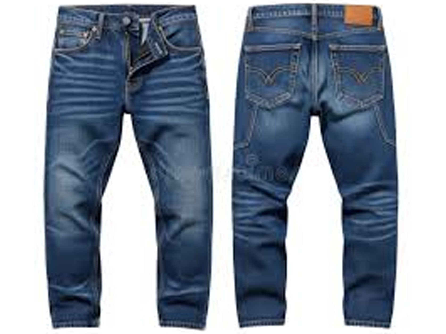 Pair of blue jeans shown from front and back on a white background