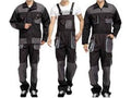 Three people wearing black and gray work uniforms on a white background