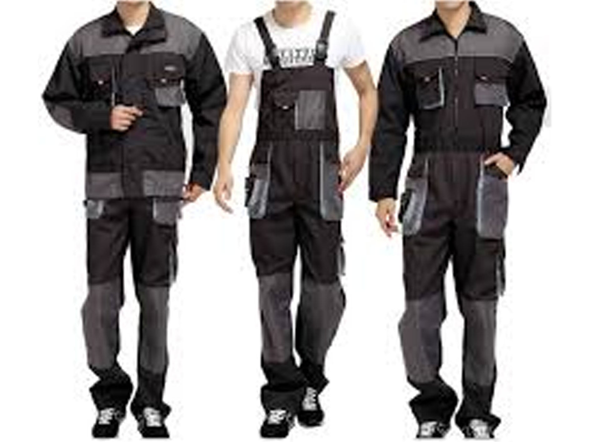 Three people wearing black and gray work uniforms on a white background