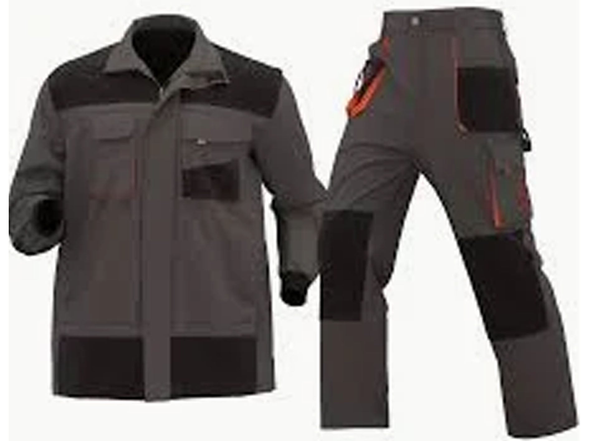Work jacket and pants set with black and gray color scheme on a white background